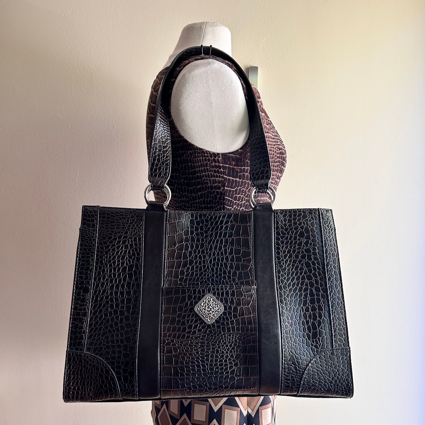 Black crocodile-embossed leather shoulder bag