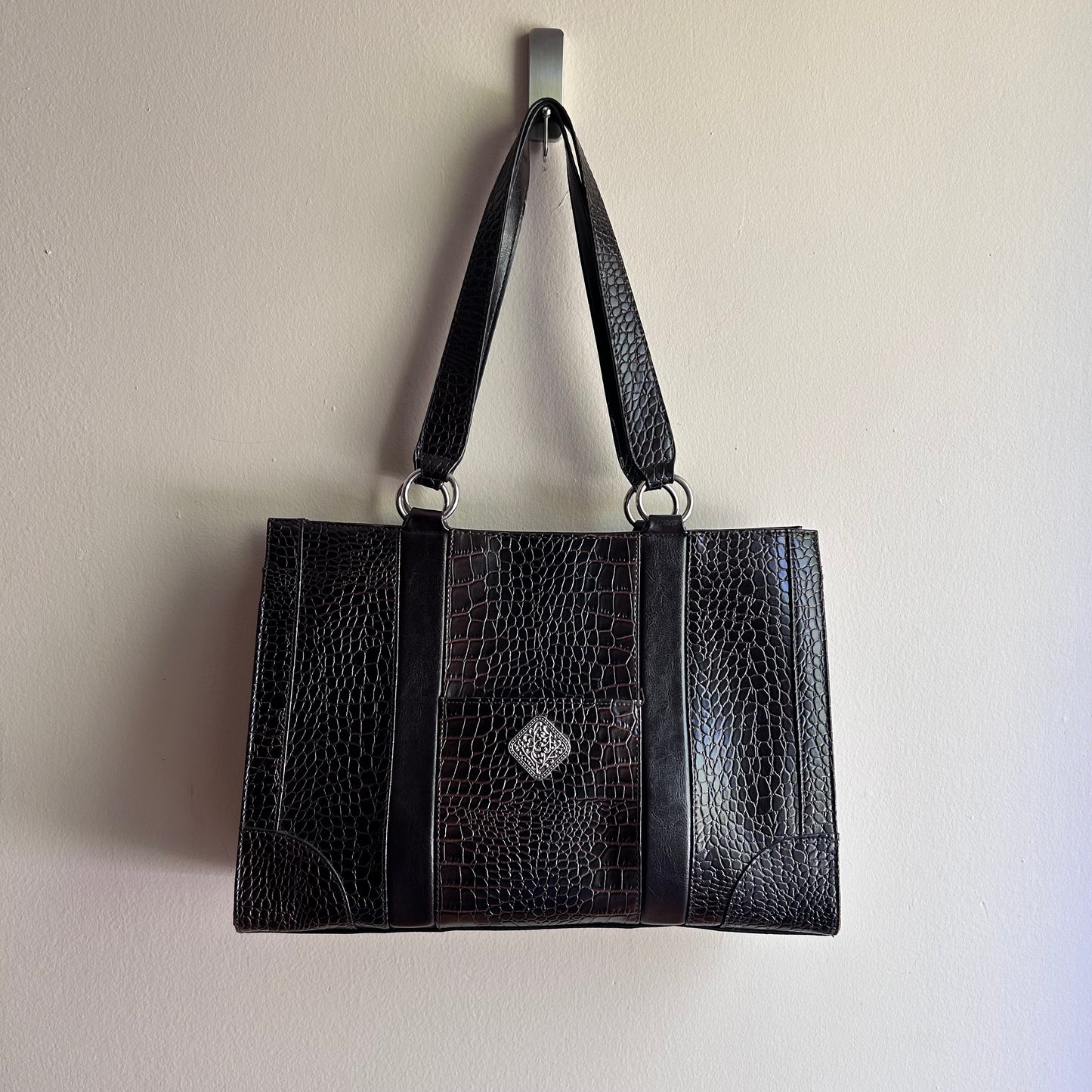 Black crocodile-embossed leather shoulder bag