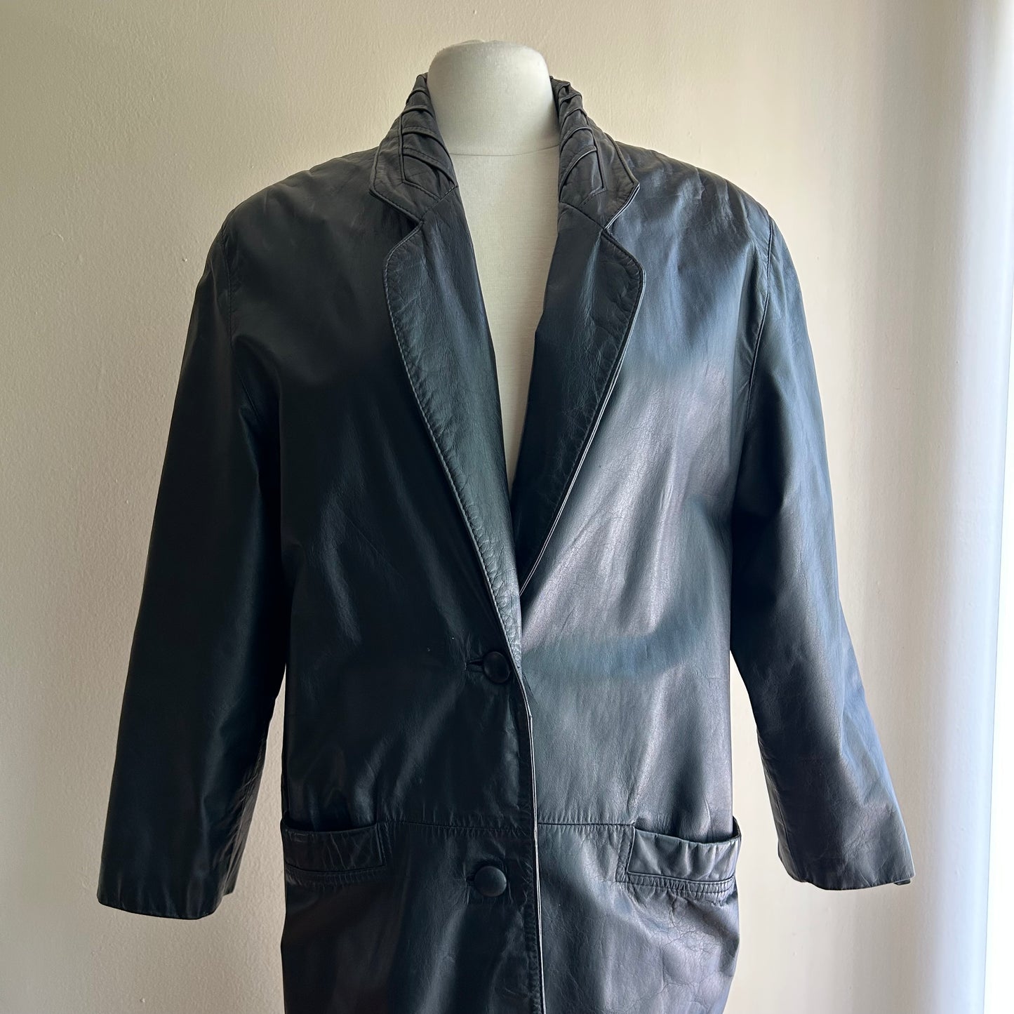 Vintage Midi Black Leather Coat/ Charles Klein