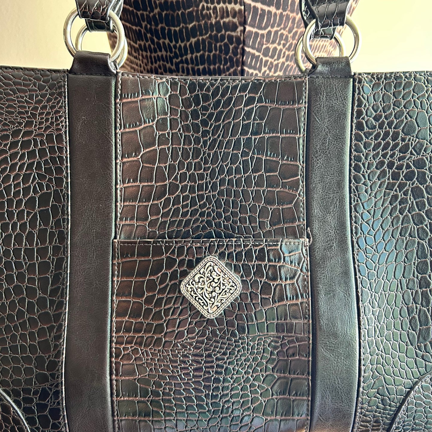 Black crocodile-embossed leather shoulder bag